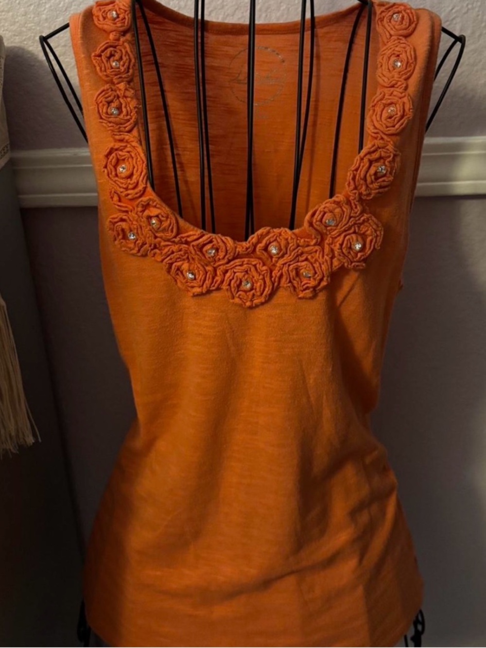 Women’s Y2K Orange Floral Rosette Rhinestone Trim Size Medium